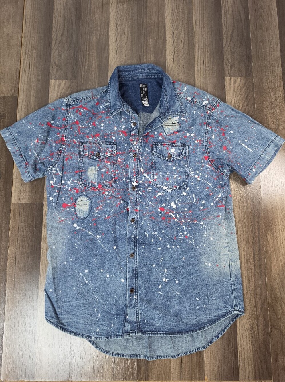 Enter The Void Paint Splattered Distressed Denim Shirt Streetwear Y2k Grunge. XL